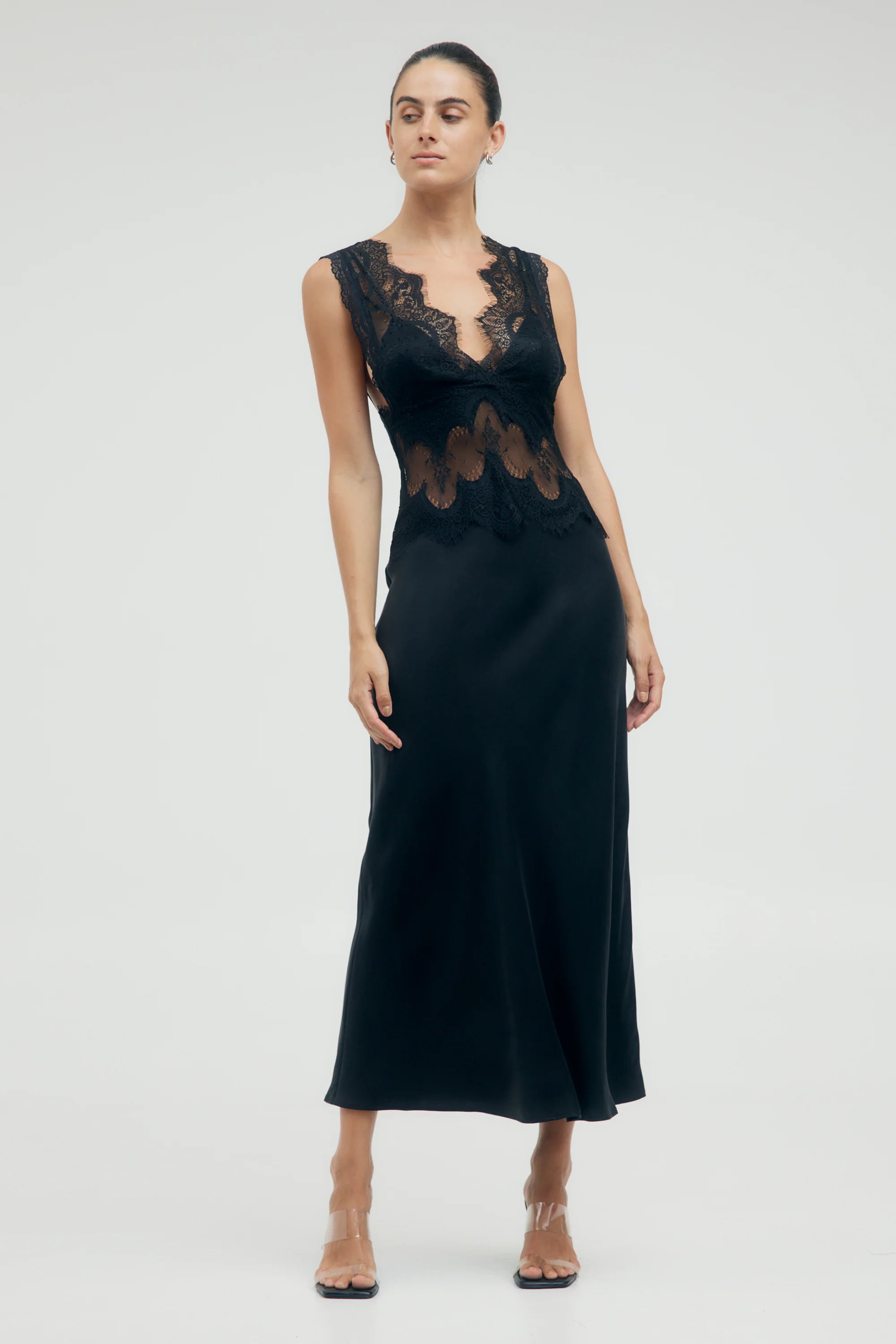 Third Form Visions Lace Deep V Neck Maxi Dress - Ebony