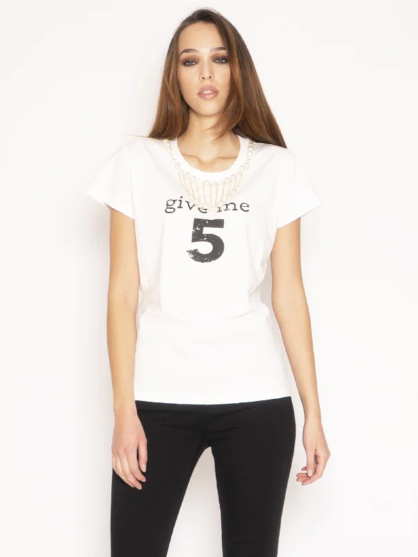 T-Shirt con Stampa e Perle Bianco